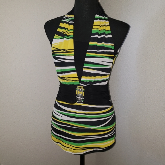 Ladies Sexy Black, Green and Gold Halter Top - Picture 2 of 10